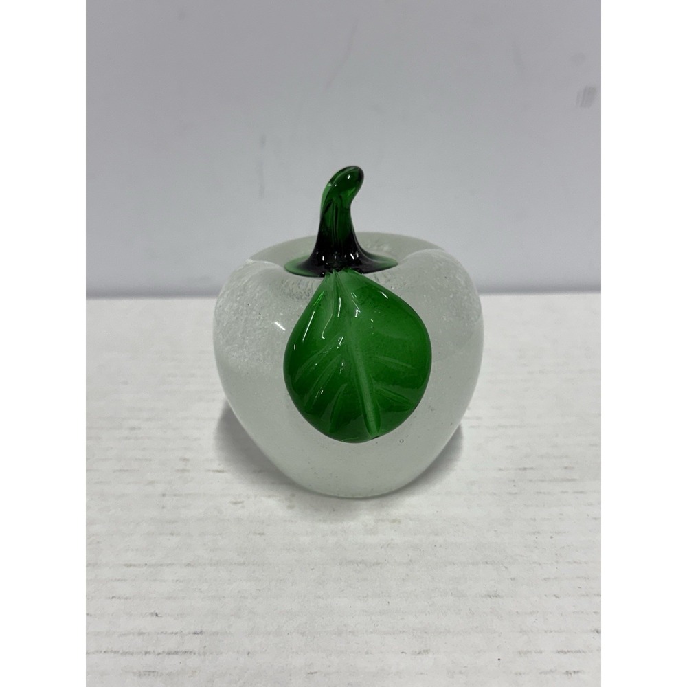 Hand Blown Art‎ Glass Apple Paperweight Frosted Green Leaf Stem Heavy 1+ Lb
